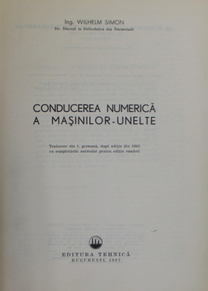 CONDUCEREA NUMERICA A MASINILOR - UNELTE de WILHELM SIMON , 1967