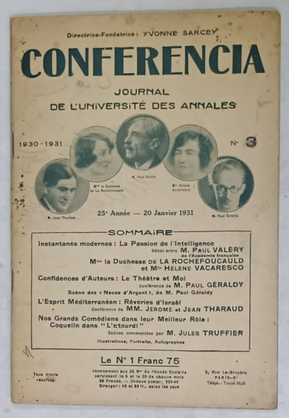CONFERENCIA , JOURNAL DE L 'UNIVERSITE DES ANNALES , NR. 3 , 1931 , CONTINE SI TEXTE SEMNATE  DE HELEN VACARESCO *