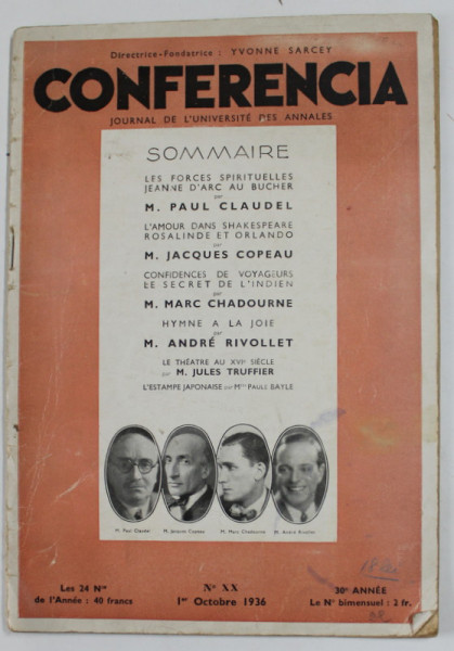 CONFERENCIA , JOURNAL DE  'UNIVERSITE DES ANNALES , NO. XX , I er OCTOBRE , 1936