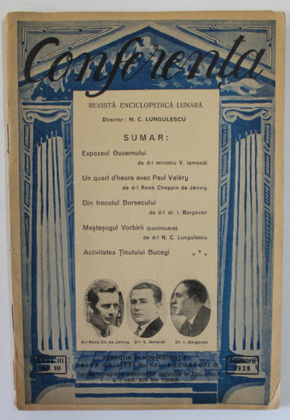 CONFERENTA , REVISTA ENCICLOPEDICA LUNARA , ANUL III , NR. 10 , SEPTEMBRIE , 1939