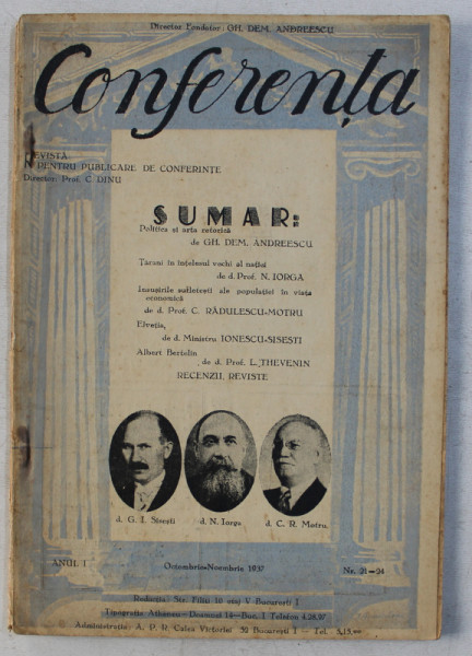 CONFERENTA  - REVISTA PENTRU PUBLICARE DE CONFERINTE , ANUL I , NR. 21 - 24 , OCTOMBRIE  - NOIEMBRIE , 1937