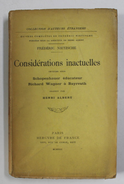 CONSIDERATIONS INACTUELLES-NIETZSCHE  PARIS 1922