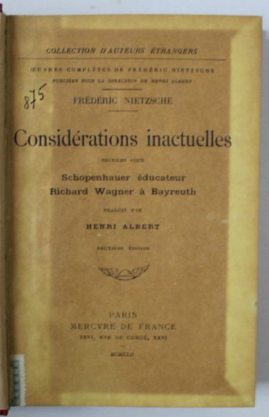 CONSIDERATIONS INACTUELLES par FREDERIC NIETZSCHE , 1922