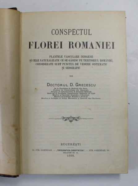 CONSPECTUL FLOREI ROMANIEI de DOCTORUL D. GRECESCU , 1898 ,