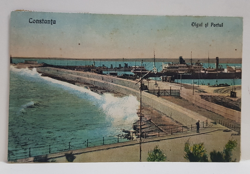 CONSTANTA - DIGUL SI PORTUL , CARTE POSTALA ILUSTRATA , POLICROMA,CIRCULATA , DATATA 1920