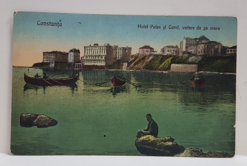 CONSTANTA - HOTEL PALAS si CAROL , VEDERE DE PE MARE , CARTE POSTALA ILUSTRATA , POLICROMA, CIRCULATA , DATATA 1923