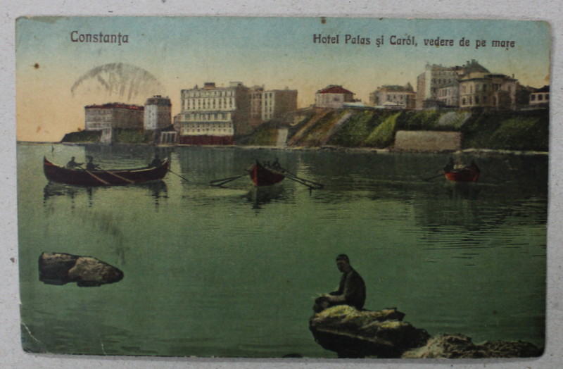 CONSTANTA , HOTELURILE  PALAS SI CAROL , VEDERE DE PE MARE , CARTE POSTALA ILUSTRATA , 1929