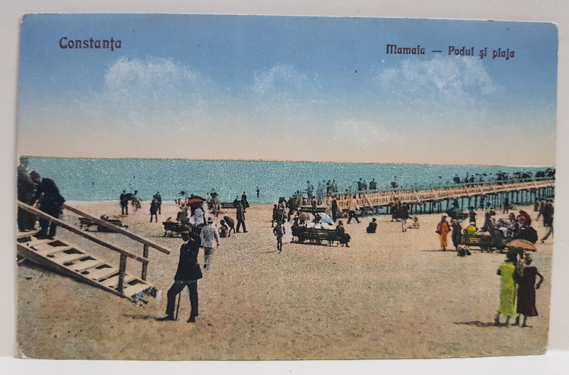 CONSTANTA - MAMAIA , PODUL SI PLAJA , CARTE POSTALA ILUSTRATA , POLICROMA, NECIRCULATA , PERIOADA INTERBELICA