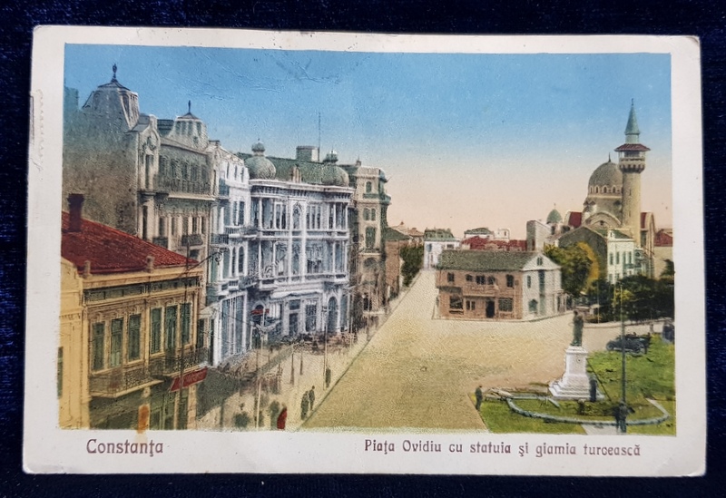 CONSTANTA  - PIATA OVIDIU CU STATUIA SI GIAMIA TURCEASCA , CARTE POSTALA ILUSTRATA , POLICROMA, CIRCULATA , DATATA 1928