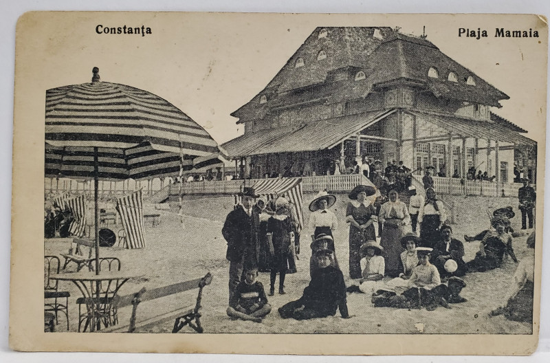 CONSTANTA , PLAJA MAMAIA , GRUP DE TURISTI PE PLAJA , CARTE POSTALA , INCEPUTUL SEC. XX