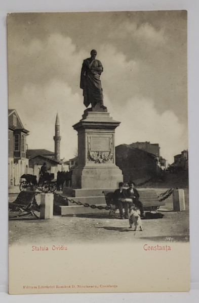 CONSTANTA , STATUIA LUI OVIDIU , IN PLAN SECUND MINARETUL , CARTE POSTALA , INCEPUTUL SEC.XX