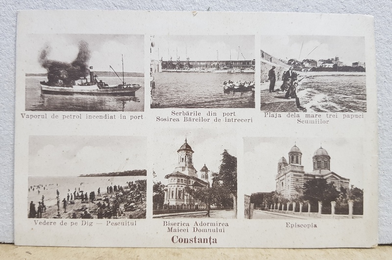 CONSTANTA , VAPOR INCENDIAT IN PORT , SERBARILE DIN PORT , PLAJA TREI PAPUCI , VEDERE DE PE DIG , EPISCOPIA , BISERICA ADORMIREA MAICII DOMNULUI  , CARTE POSTALA ILUSTRATA , MONOCROMA, NECIRCULATA , PERIOADA INTTERBELICA