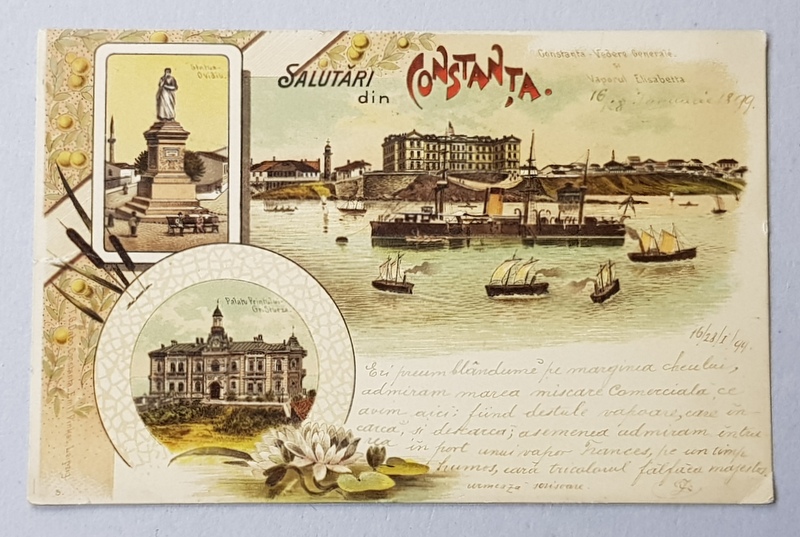 CONSTANTA , VEDERE DIN PORT SI VAPORUL ELISABETA , STATUI LUI OVIDIU , PALATUL STURZA , CARTE POSTALA ILUSTRATA , CROMOLITOGRAFIE , CLASICA