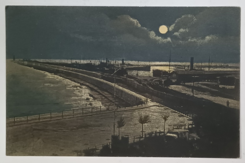 CONSTANTA , VEDEREA PORTULUI SI DIGULUI PE TIMP DE NOAPTE , CARTE POSTALA , INTERBELICA