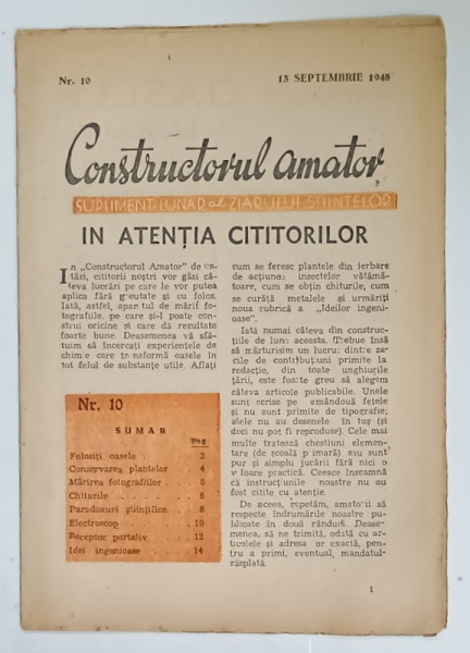 CONSTRUCTORUL AMATOR , SUPLIMENT  LUNAR AL ZIARULUI STIINTELOR , NR. 10 , 1948