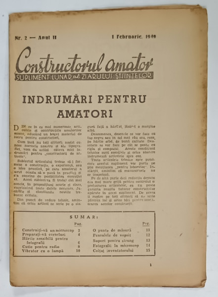 CONSTRUCTORUL AMATOR , SUPLIMENT  LUNAR AL ZIARULUI STIINTELOR , NR. 2 , 1949