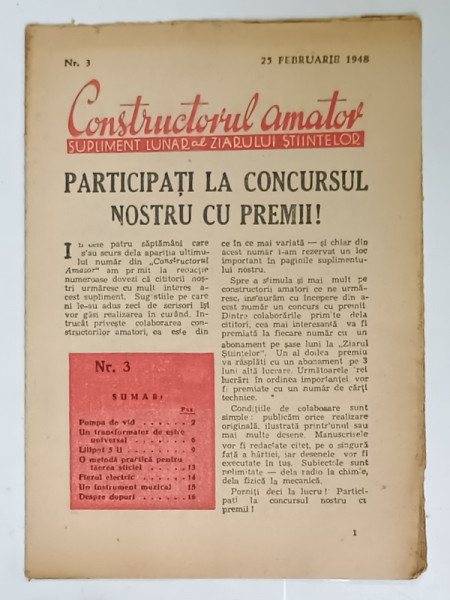 CONSTRUCTORUL AMATOR , SUPLIMENT  LUNAR AL ZIARULUI STIINTELOR , NR. 3 , 1948