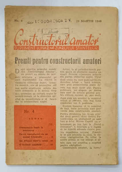 CONSTRUCTORUL AMATOR , SUPLIMENT LUNAR AL ZIARULUI STIINTELOR NR. 4 , 1948