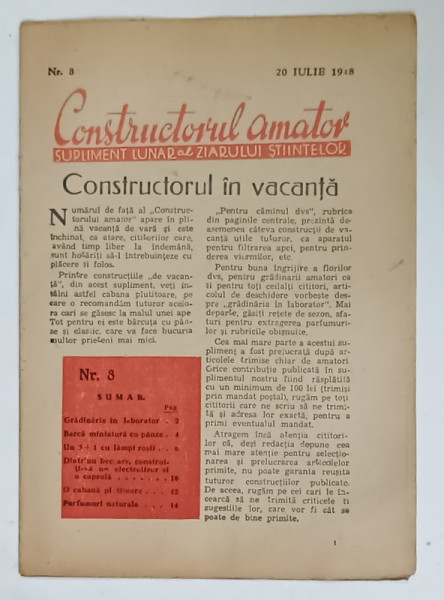 CONSTRUCTORUL AMATOR , SUPLIMENT  LUNAR AL ZIARULUI STIINTELOR , NR. 8 , 1948