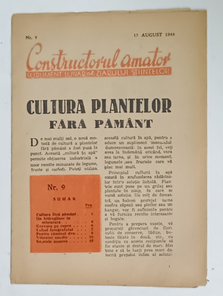 CONSTRUCTORUL AMATOR , SUPLIMENT  LUNAR AL ZIARULUI STIINTELOR , NR. 9 , 1948