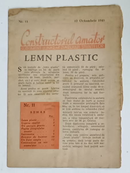 CONSTRUCTORUL AMATOR , SUPLIMENT  LUNAR AL ZIARULUI STIINTELOR , NR.11 , 1948