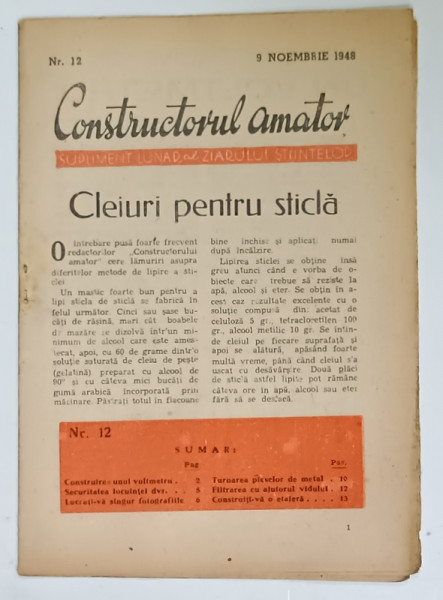 CONSTRUCTORUL AMATOR , SUPLIMENT  LUNAR AL ZIARULUI STIINTELOR , NR.12 , 1948