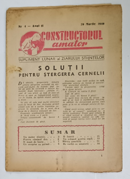 CONSTRUCTORUL AMATOR , SUPLIMENT  LUNAR AL ZIARULUI STIINTELOR , NR.4 , 1949