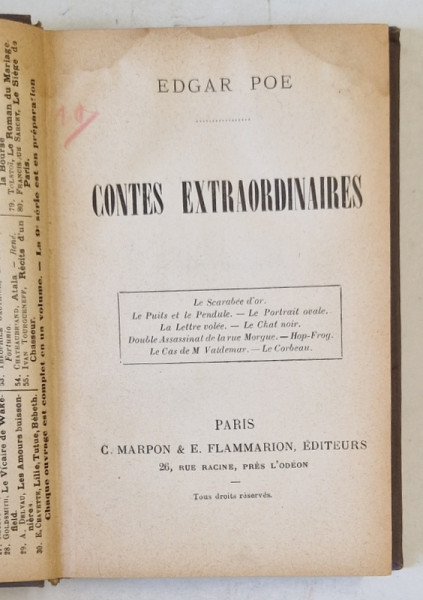 CONTES EXTRAORDINAIRES par EDGAR POE , CCA. 1900