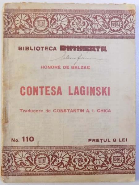 CONTESA LAGINSKI de HONORE DE BALZAC  - BIBLIOTECA DIMINEATA NO. 110 , EDITIE INTERBELICA
