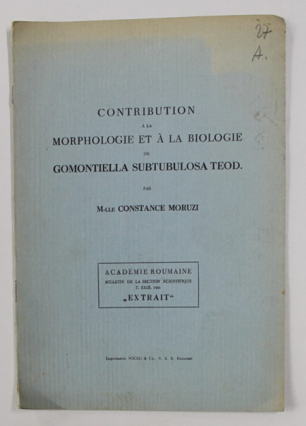 CONTRIBUTION A LA MORPHOLOGIE ET A LA BIOLOGIE DU GOMONTIELLA SUBTULOSA TEOD . par M- LLE CONSTANCE MORUZI , 1941