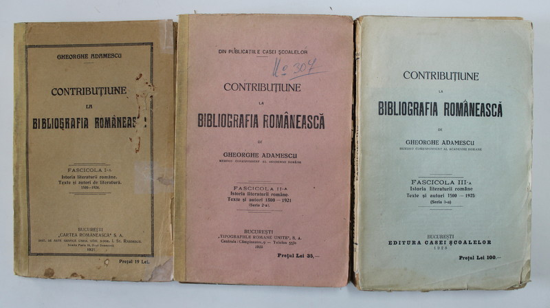 CONTRIBUTIUNE LA BIBLIOGRAFIA ROMANEASCA de GHEORGHE ADAMESCU, VOL I-III, 1921