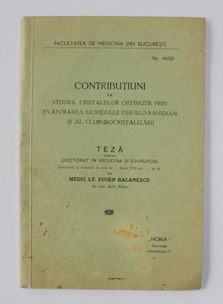 CONTRIBUTIUNI LA STUDIUL CRISTALELOR OBTINUTE PRIN EVAPORAREA LICHIDULUI CEFALO - RAHIDIAN ...TEZA PENTRU DOCTORAT de EUGEN BALANESCU , 1937
