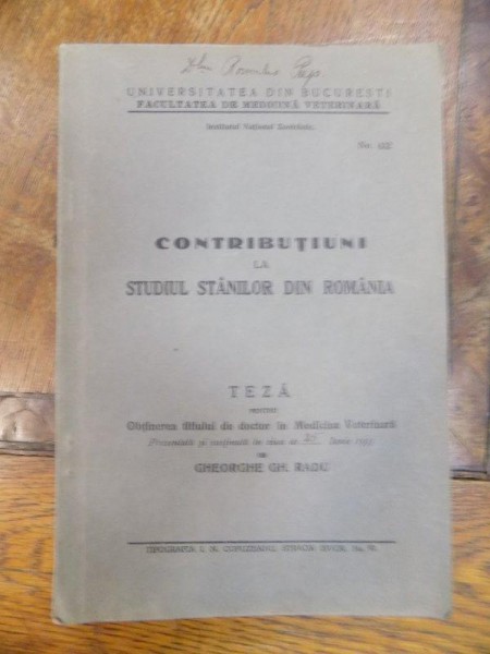 Contributiuni la studiul stanilor in Romania, Gh. Radu 1935 cu dedicatia autorului
