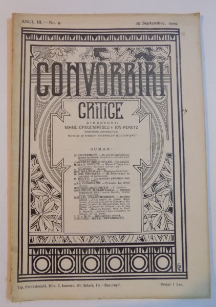 CONVORBIRI CRITICE , ANUL III , NR.9 , 25 SEPTEMBRIE 1909