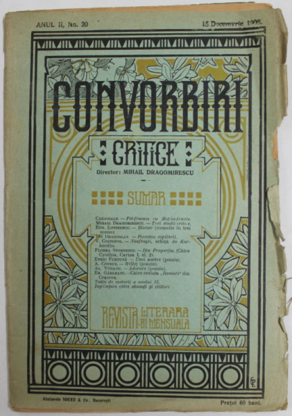 CONVORBIRI CRITICE  - REVISTA LITERARA BIMENSUALA , ANUL II , NO. 20, 15 DECEMBRIE  1908