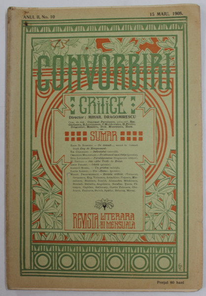 CONVORBIRI CRITICE , REVISTA LITERARA BIMENSUALA , ANUL II , NR. 10 , 15 MAI  , 1908