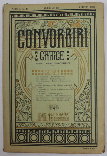 CONVORBIRI CRITICE , REVISTA LITERARA BIMENSUALA , ANUL II , NR. 11 , 1  IUNIE , 1908