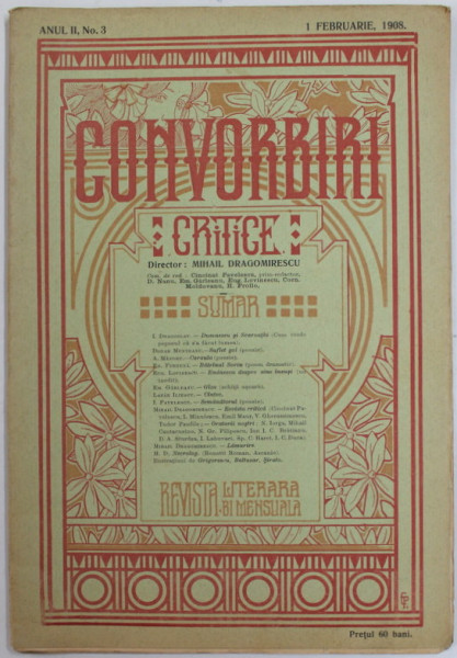CONVORBIRI CRITICE , REVISTA LITERARA BIMENSUALA , ANUL II , NR. 3 , 1 FEBRUARIE , 1908