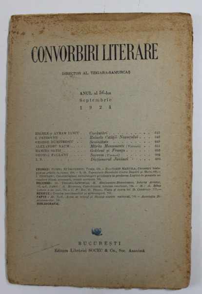 CONVORBIRI LITERARE , ANUL 56 , SEPTEMBRE 1924 , PREZINTA PETE SI URME DE UZURA