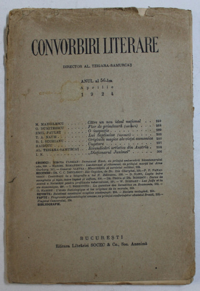 CONVORBIRI LITERARE  , ANUL AL 56 - LEA , APRILIE , 1924
