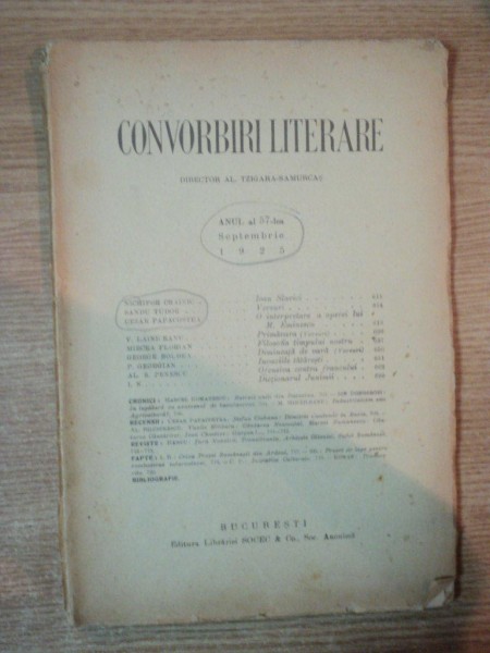 CONVORBIRI LITERARE , ANUL AL 57-LEA , SEPTEMBRIE 1925 CONTINE, NICHIFOR CRAINIC , SANDU TUDOR , CEZAR PAPACOSTEA , Bucuresti