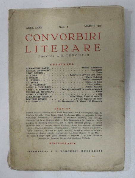 CONVORBIRI LITERARE , ANUL LXXII , NR. 3 , MARTIE 1939