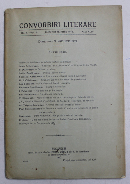 CONVORBIRI LITERARE , ANUL XLIV , NR. 4 - VOL. 2 , IUNIE  , 1910