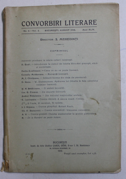 CONVORBIRI LITERARE , ANUL XLIV , NR. 6 - VOL. 2 , AUGUST , 1910