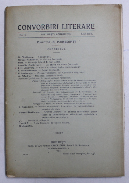CONVORBIRI LITERARE , ANUL XLV , NR. 4 , APRILIE , 1911