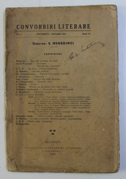 CONVORBIRI LITERARE de S. MEHEDINTI ANUL LI NR. 1 , BUCURESTI IANUARIE 1919