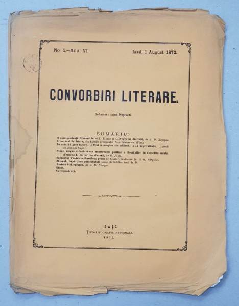 CONVORBIRI LITERARE , NO. 5  - ANUL VI , redactor JACOB NEGRUZZI , IASI , 1 AUGUST  , 1872 , COPERTA ORIGINALA DESPRINSA DE CONTINUT *