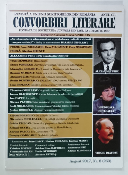 CONVORBIRI LITERARE , REVISTA  A UNIUNII SCRIITORILOR DIN ROMANIA , NR. 8 , 2017