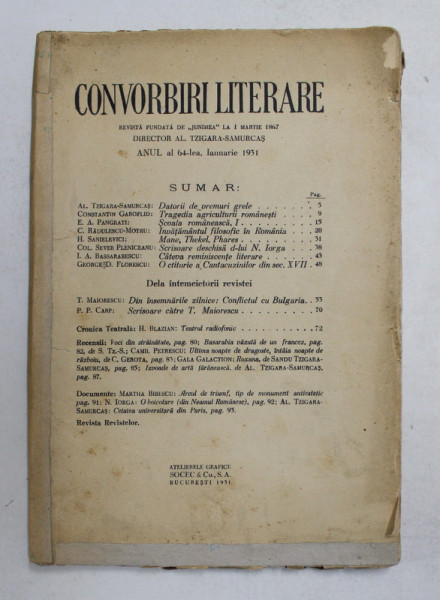 CONVORBIRI LITERARE , REVISTA FONDATA DE ' JUNIMEA ' , ANUL 64 , IANUARIE , 1931 , COTORUL INTARIT CU BANDA ADEZIVA *