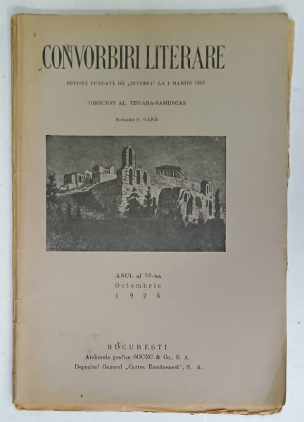 CONVORBIRI LITERARE , REVISTA FUNDATA DE ' JUNIMEA ' , ANUL 58 , OCTOMBRIE , 1926